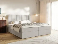 Łóżko kontynentalne 140x200 cm Togents z pojemnikami i topperem szarobeżowe szenil hydrofobowy