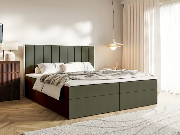 Łóżko kontynentalne 160x200 cm Togents z pojemnikami i topperem ciemnozielone szenil hydrofobowy