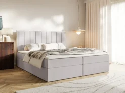 Łóżko kontynentalne 160x200 cm Togents z pojemnikami i topperem szare szenil hydrofobowy