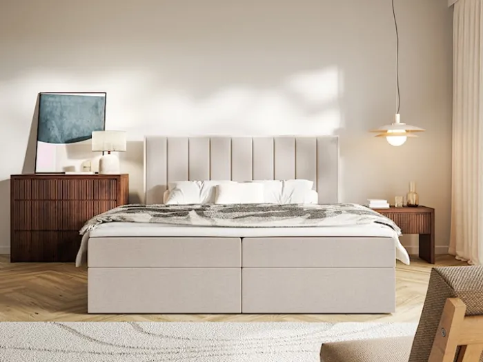 Łóżko kontynentalne 160x200 cm Togents z pojemnikami i topperem beżowe szenil hydrofobowy