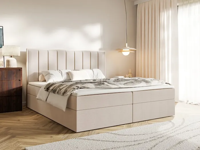Łóżko kontynentalne 160x200 cm Togents z pojemnikami i topperem beżowe szenil hydrofobowy