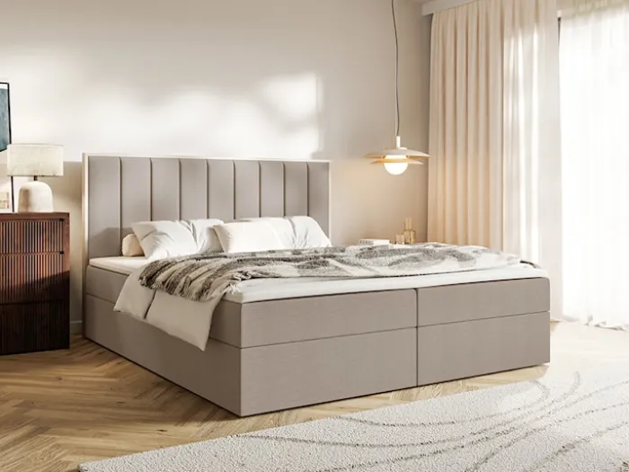 Łóżko kontynentalne 180x200 cm Togents z pojemnikami i topperem brązowe szenil hydrofobowy