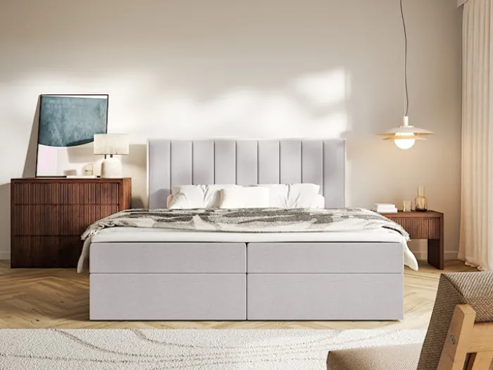 Łóżko kontynentalne 180x200 cm Togents z pojemnikami i topperem szare szenil hydrofobowy