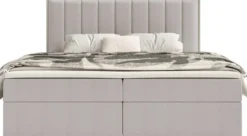 Łóżko kontynentalne 180x200 cm Togents z pojemnikami i topperem szarobeżowe szenil hydrofobowy