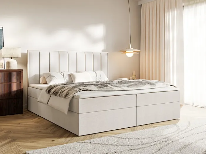 Łóżko kontynentalne 180x200 cm Togents z pojemnikami i topperem jasnobeżowe szenil hydrofobowy