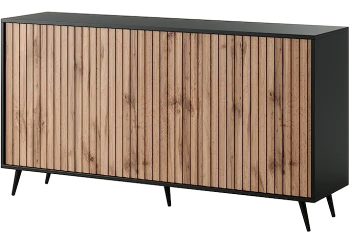 Komoda Bello z lamelowymi frontami 154 cm czarna/dąb wotan