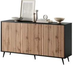 Komoda Bello z lamelowymi frontami 154 cm czarna/dąb wotan