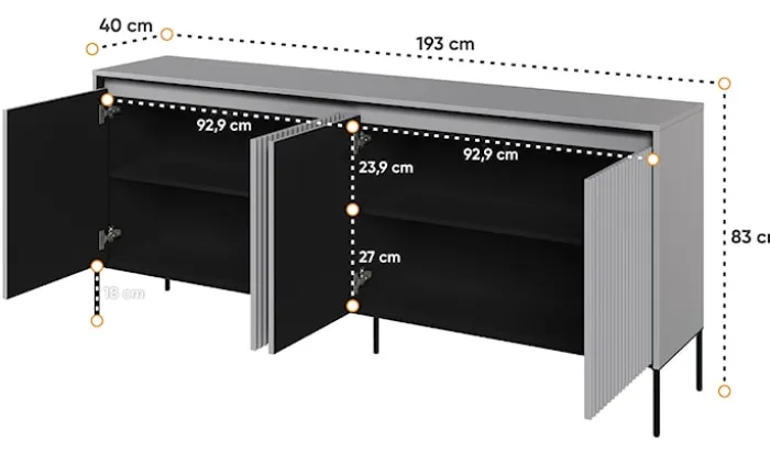 Komoda czterodrzwiowa Trend niska 193 cm z LED Szara
