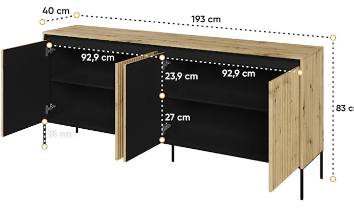 Komoda czterodrzwiowa Trend niska 193 cm z LED Dąb artisan