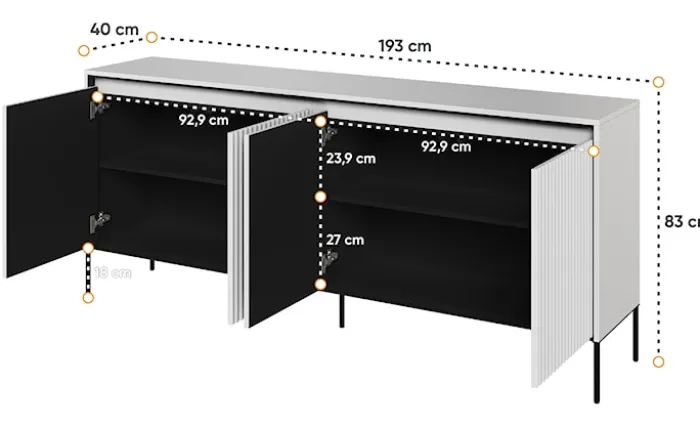 Komoda czterodrzwiowa Trend niska 193 cm z LED Biała