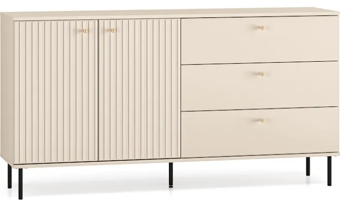 Komoda dwudrzwiowa Caletto z trzema szufladami 160 cm ozdobne lamele beżowa