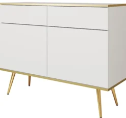 Komoda dwudrzwiowa Glinte z szufladami 107 cm biała ze złotymi nogami
