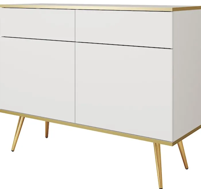 Komoda dwudrzwiowa Glinte z szufladami 107 cm biała ze złotymi nogami