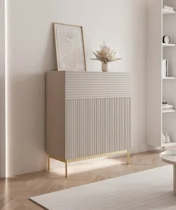 Komoda dwudrzwiowa Linearis z uchylnym schowkiem i oświetleniem LED 92 cm kaszmir na złotych nóżkach