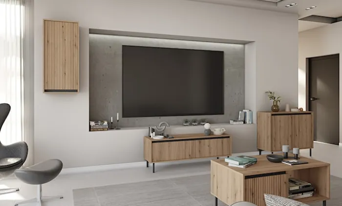 Komoda dwudrzwiowa Osaka z ryflowanymi frontami 100 cm dąb evoke na czarnych nogach