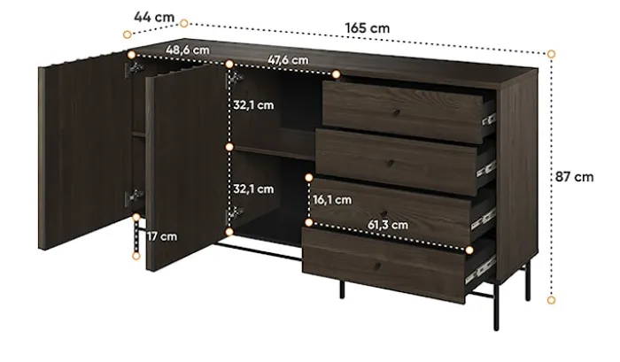 Komoda dwudrzwiowa Piemonte z czterema szufladami 165cm Jesion portland/czarny