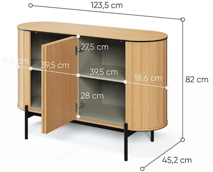 Komoda dwudrzwiowa Rotto niska z ryflami 124 cm dąb vincenza