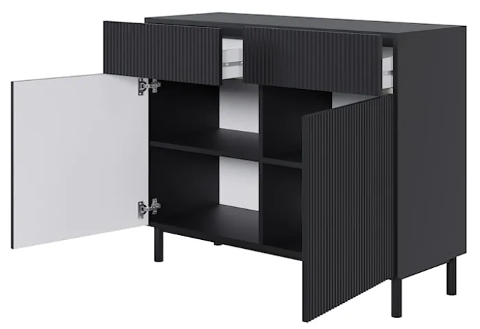 Komoda dwudrzwiowa Veldio New z frezowanym frontem i dwiema szufladami 100 cm czarna