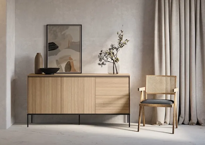 Komoda dwudrzwiowa Visso z dwiema szufladami 167 cm dąb linearny