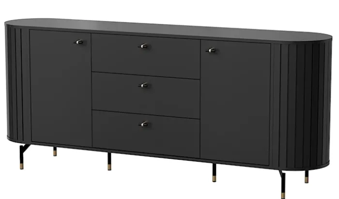 Komoda dwudrzwiowa Zante z ryflami i trzema szufladami 190 cm czarna