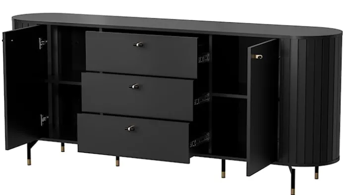 Komoda dwudrzwiowa Zante z ryflami i trzema szufladami 190 cm czarna