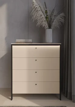 Komoda Enna z czterema szufladami i oświetleniem LED 101 cm beż piaskowy/czarna