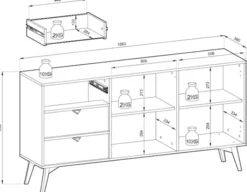Komoda Favoria dwudrzwiowa z szufladami 158 cm eukaliptus/jodełka scandi ze złotymi uchwytami