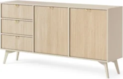 Komoda Favoria dwudrzwiowa z szufladami 158 cm beżowa/jodełka scandi ze złotymi uchwytami
