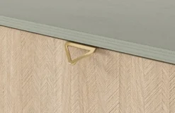 Komoda Favoria jednodrzwiowa z szufladami 106 cm eukaliptus/jodełka scandi ze złotymi uchwytami