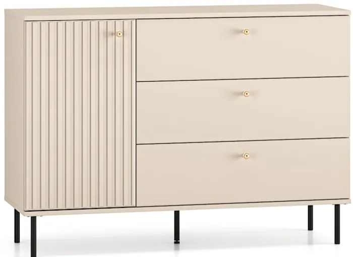 Komoda jednodrzwiowa Caletto z trzema szufladami 120 cm ozdobne lamele beżowa