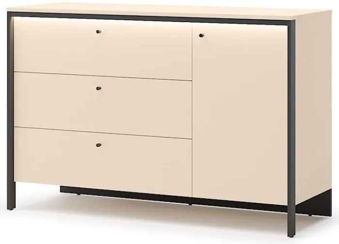Komoda jednodrzwiowa Enna z trzema szufladami i oświetleniem LED 136 cm beż piaskowy/czarna