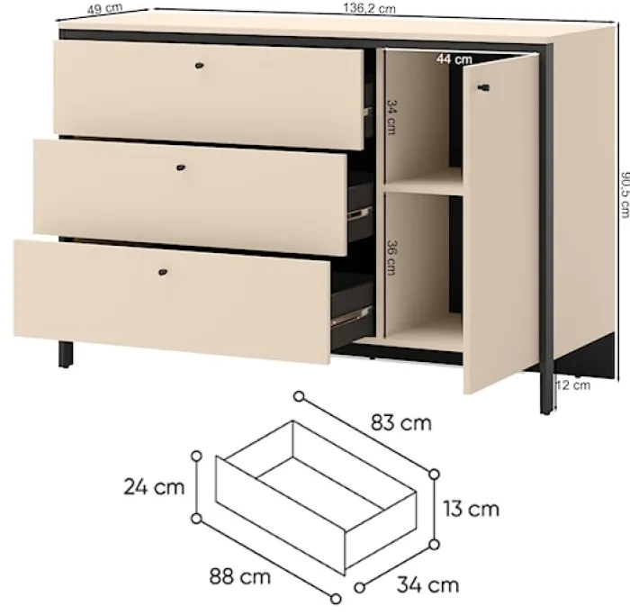 Komoda jednodrzwiowa Enna z trzema szufladami i oświetleniem LED 136 cm beż piaskowy/czarna