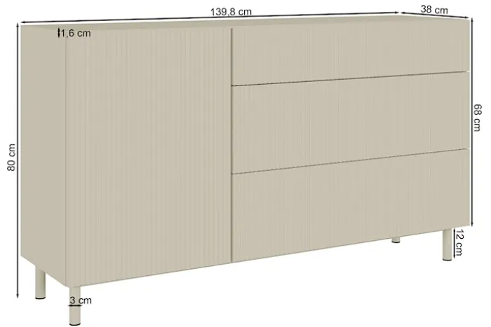 Komoda jednodrzwiowa Veldio New z frezowanym frontem i trzema szufladami 140 cm szary beż