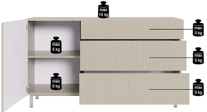 Komoda jednodrzwiowa Veldio New z frezowanym frontem i trzema szufladami 140 cm szary beż