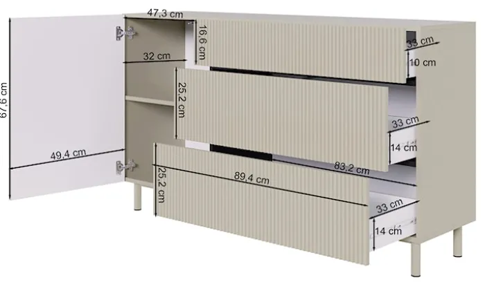 Komoda jednodrzwiowa Veldio New z frezowanym frontem i trzema szufladami 140 cm szary beż