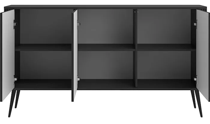 Komoda Ovarlo z ryflami trzydrzwiowa 163 cm czarna z czarnymi nogami