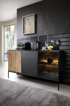 Komoda Tosena dwudrzwiowa z szufladami i oświetleniem LED 154 cm Czarny/Dąb wotan