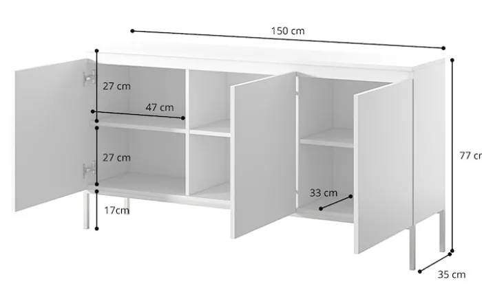 Komoda trzydrzwiowa Bemmi 150 cm biała ze złotymi nogami