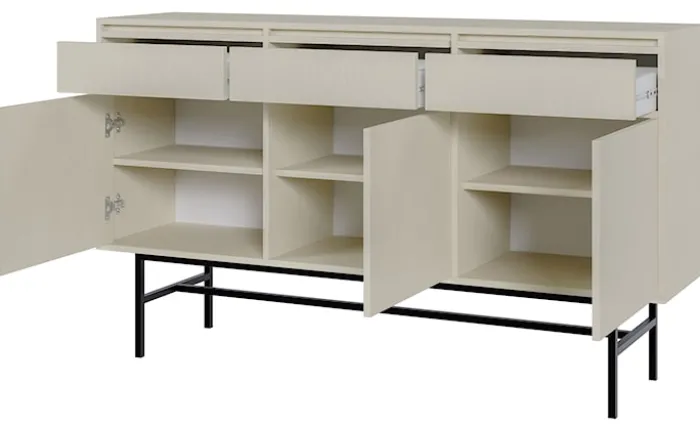 Komoda trzydrzwiowa Evo z szufladami i stelażem 154 cm Beż piaskowy