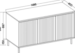 Komoda trzydrzwiowa Osaka z ryflowanymi frontami 149 cm beż piaskowy na czarnych nogach