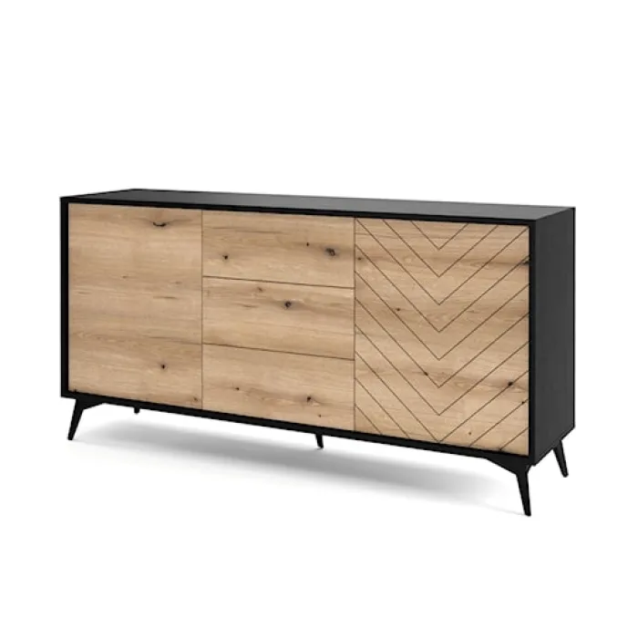 Komoda z szufladami Boulia 154 cm czarna/dąb Evoke jodełka
