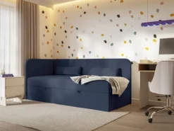Łóżko młodzieżowe 90x200 cm Calmmo lewostronne z pojemnikiem granatowe szenil hydrofobowy