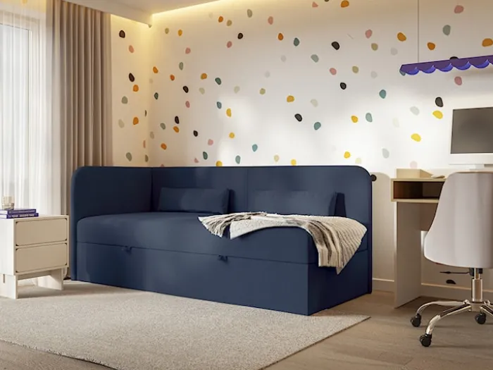 Łóżko młodzieżowe 90x200 cm Calmmo lewostronne z pojemnikiem granatowe szenil hydrofobowy