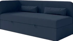 Łóżko młodzieżowe 90x200 cm Calmmo lewostronne z pojemnikiem granatowe szenil hydrofobowy