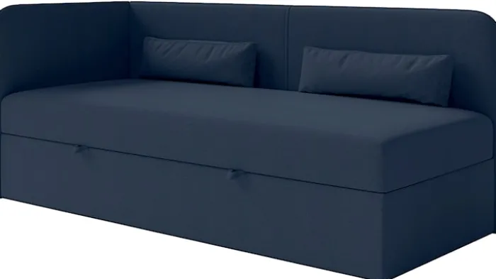 Łóżko młodzieżowe 90x200 cm Calmmo lewostronne z pojemnikiem granatowe szenil hydrofobowy