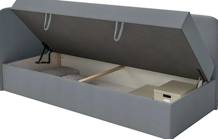 Łóżko młodzieżowe 90x200 cm Calmmo lewostronne z pojemnikiem ciemnoszare szenil hydrofobowy