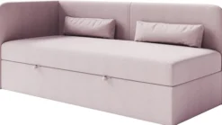 Łóżko młodzieżowe 90x200 cm Calmmo lewostronne z pojemnikiem różowe szenil hydrofobowy