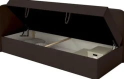 Łóżko młodzieżowe 90x200 cm Calmmo lewostronne z pojemnikiem ciemnobrązowe szenil hydrofobowy