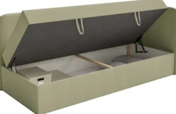 Łóżko młodzieżowe 90x200 cm Calmmo prawostronne z pojemnikiem oliwkowe szenil hydrofobowy