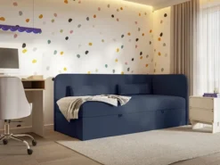 Łóżko młodzieżowe 90x200 cm Calmmo prawostronne z pojemnikiem granatowe szenil hydrofobowy